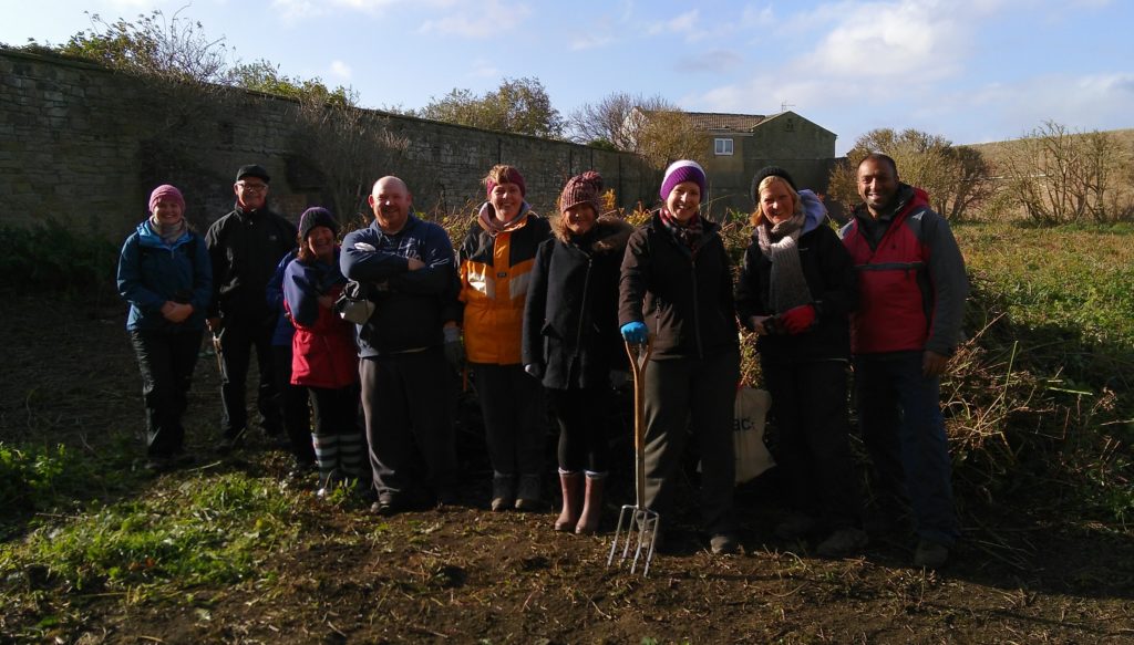 Green gym participants in a field with spades