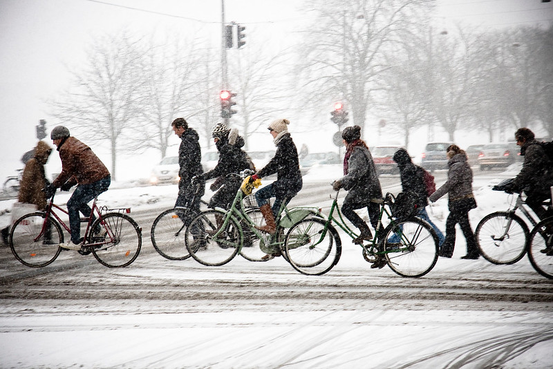 Cyclists in the snow in Copenhagan